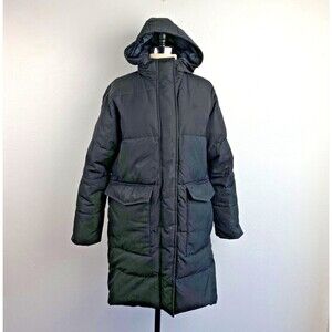 Everlane ReNew Woman Long Puffer Coat Jacket Black Small Primaloft Zip Snap Hood